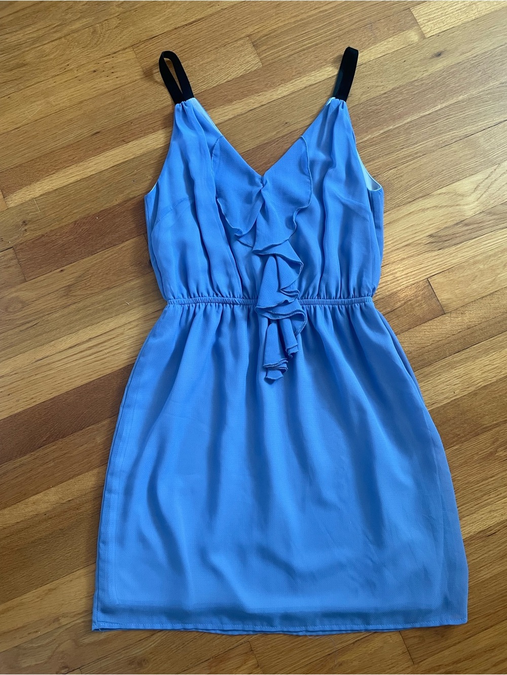 Peppermint Blue Ruffle V-Neck Mini Dress with Black Straps
